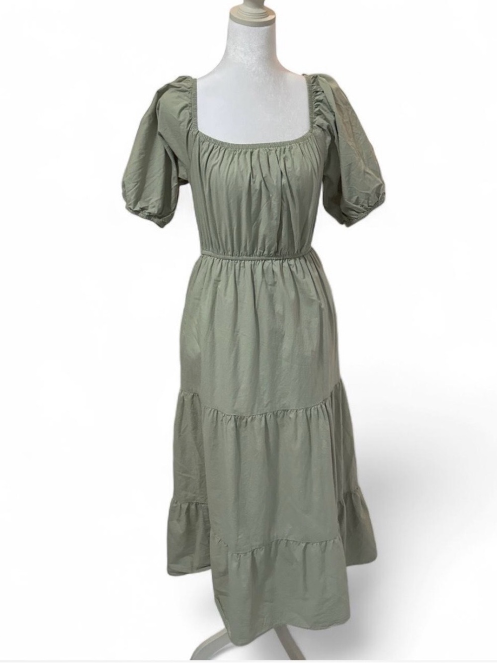 Sage Green Puff-Sleeve Tiered Maxi Dress